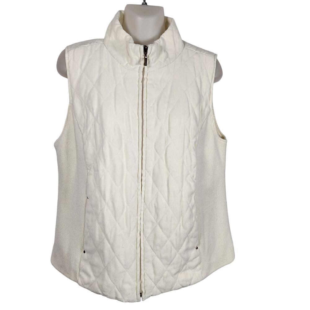 Relativity Women's Quilted Vest Large Soft Microfiber Full Zip Knit Panels Ivory